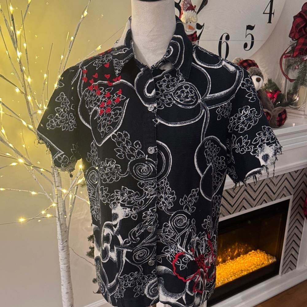 Chico's Black and White Patterned Button-Down Shirt with Red Accents